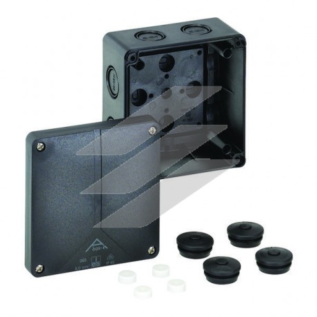 Розподільча коробка Abox-i 060-L/sw (110х110х67), порожня, полікарбонат, метрич. введеня-9 місць (6-М20/М25, 1-М20, 2-М16 на днищі), IP65, чорна, Spelsberg